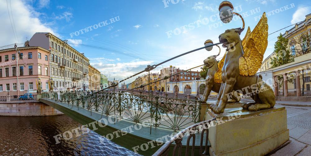 На фотографии изображен Банковский мост через канал Грибоедова в Санкт-Петербурге. Видны золотые грифоны, украшающие мост, и здания на набережной. Фото может использоваться для туристических буклетов, открыток и рекламных материалов.